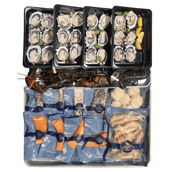 A BBQ pack offering a variety of seafood and gourmet items, perfect for grilling.