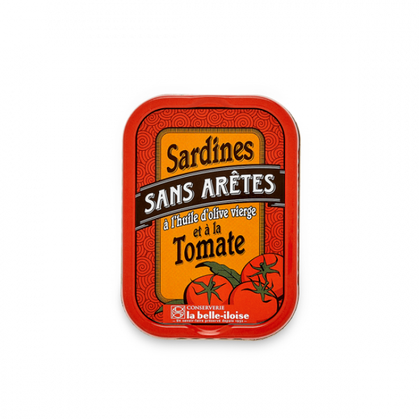 Canned boneless sardines preserved in olive oil with a tangy tomato twist, a flavorful seafood option. From La-Belle Iloise cannery.