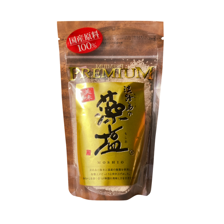 Premium Japanese Moshio sea salt, perfect for finishing seafood dishes.