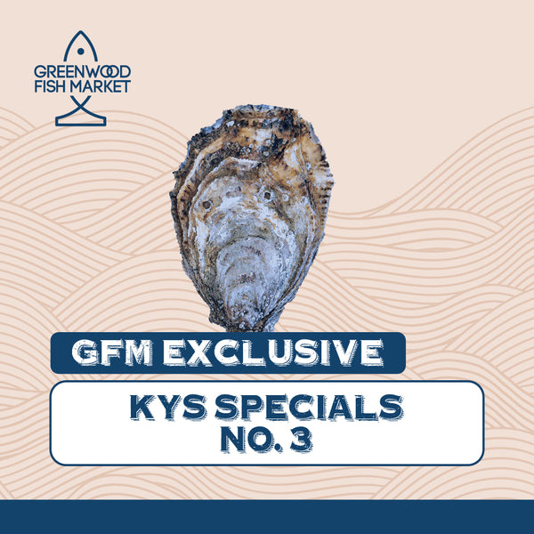 A set of six GFM-exclusive KYS Specials No. 3 oysters from France, known for their rich taste and succulent texture.