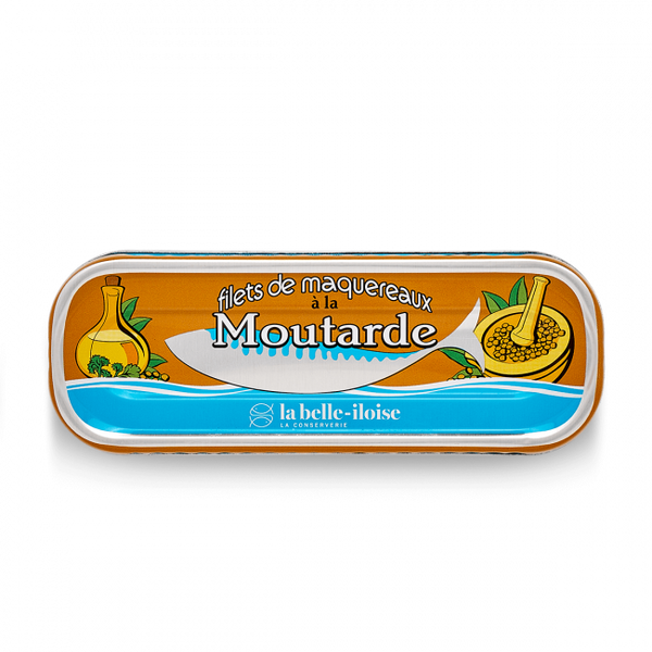 Tinned mackerel fillets with mustard, offering a tangy twist on this classic fish. From the French La Belle-Iloise cannery. 