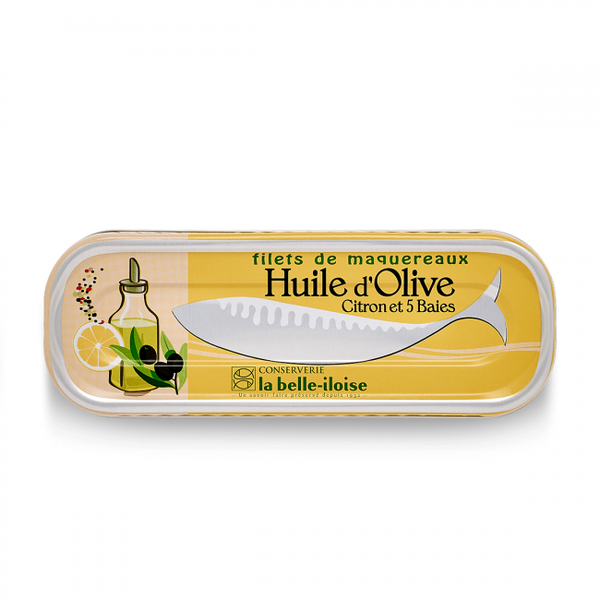  Flavourful mackerel fillets preserved in olive oil, with lemon and peppercorns for a zesty kick. From the French La Belle-Iloise cannery.