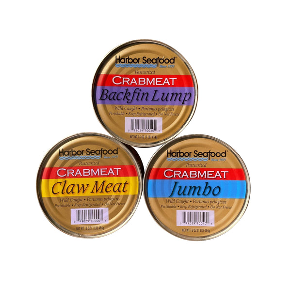 454g of Harbor Seafood canned premium jumbo lump crab meat, perfect for salads, crab cakes, or gourmet dishes.